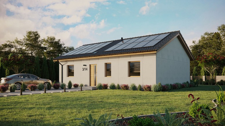 Projekt ERDOL 3 - Wersja lewa (salon po lewej stronie) - Dwuspadowy bez poddasza użytkowego – kąt nachylenia 25 stopni - Świetlik dachowy - Okna standardowe - Bez styropianu, siatki i kleju - Winchester - Instalacja fotowoltaiczna 8,0 kWp (20 paneli)