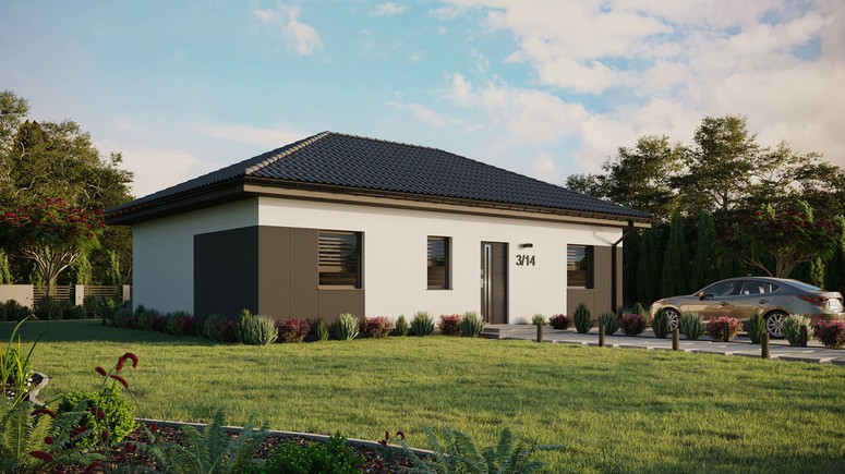 Projekt ERDOL 3 - Wersja prawa (salon po prawej stronie) - Czterospadowy bez poddasza użytkowego – kąt nachylenia 25 stopni - Bez okien/świetlików dachowych - Okna standardowe - Styropian, siatka i klej - Antracyt