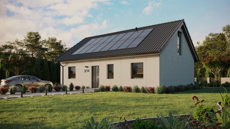 Projekt ERDOL 3 - Wersja lewa (salon po lewej stronie) - Dwuspadowy z poddaszem użytkowym – kąt nachylenia 35 stopni - Bez okien/świetlików dachowych - Okno balkonowe w jadalni i okna na poddaszu do podłogi - Bez styropianu, siatki i kleju - Antracyt - Instalacja fotowoltaiczna 6,4 kWp (16 paneli)