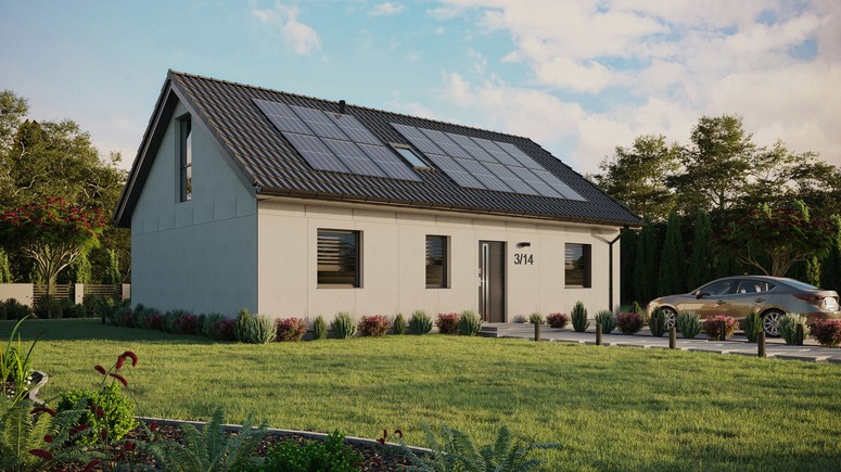 Projekt ERDOL 3 - Wersja prawa (salon po prawej stronie) - Dwuspadowy z poddaszem użytkowym – kąt nachylenia 35 stopni - Dwa okna dachowe pokojowe i okno dachowe łazienkowe - Okno balkonowe w jadalni i okna na poddaszu do podłogi - Bez styropianu, siatki i kleju - Antracyt - Instalacja fotowoltaiczna 6,4 kWp (16 paneli)