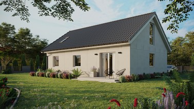 Projekt ERDOL 3 - Wersja lewa (salon po lewej stronie) - Dwuspadowy z poddaszem użytkowym – kąt nachylenia 35 stopni - Okno dachowe pokojowe i łazienkowe - Okna na poddaszu do podłogi - Bez styropianu, siatki i kleju - Biały - Bez instalacji fotowoltaicznej