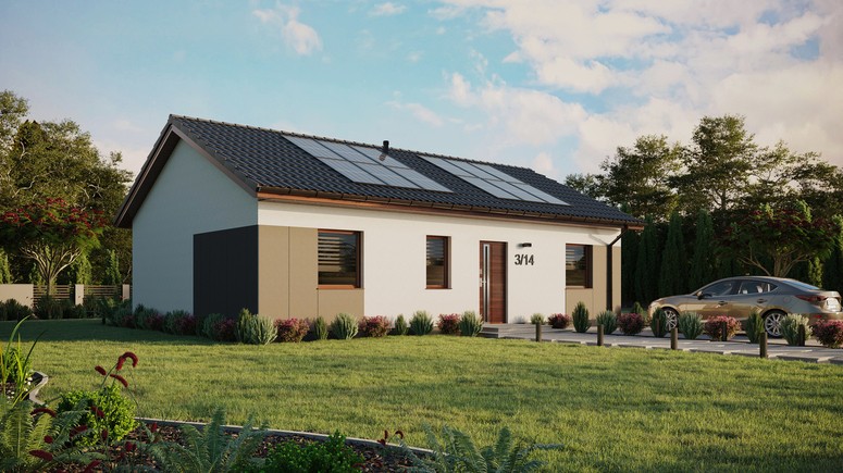 Projekt ERDOL 3 - Wersja prawa (salon po prawej stronie) - Dwuspadowy bez poddasza użytkowego – kąt nachylenia 25 stopni - Bez okien/świetlików dachowych - Okna standardowe - Styropian, siatka i klej - Orzech - Instalacja fotowoltaiczna 4,8 kWp (12 paneli)