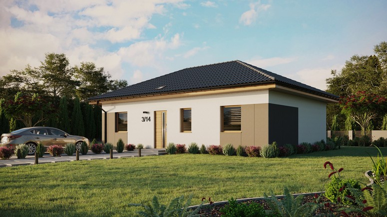 Projekt ERDOL 3 - Wersja lewa (salon po lewej stronie) - Czterospadowy bez poddasza użytkowego – kąt nachylenia 25 stopni - Świetlik dachowy - Okna standardowe - Styropian, siatka i klej - Winchester