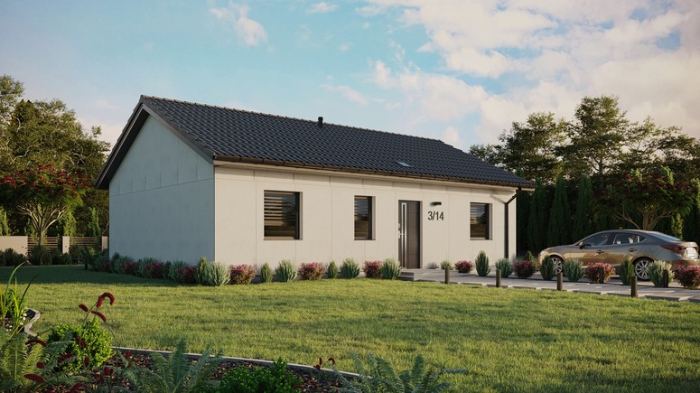 Projekt ERDOL 3 - Wersja prawa (salon po prawej stronie) - Dwuspadowy bez poddasza użytkowego – kąt nachylenia 25 stopni - Świetlik dachowy - Okna standardowe - Bez styropianu, siatki i kleju - Antracyt - Bez instalacji fotowoltaicznej