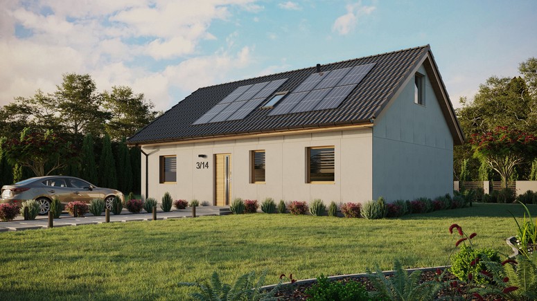 Projekt ERDOL 3 - Wersja lewa (salon po lewej stronie) - Dwuspadowy z poddaszem użytkowym – kąt nachylenia 35 stopni - Dwa okna dachowe pokojowe i okno dachowe łazienkowe - Okna standardowe - Bez styropianu, siatki i kleju - Winchester - Instalacja fotowoltaiczna 4,8 kWp (12 paneli)