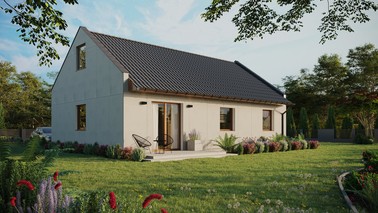 Projekt ERDOL 3 - Wersja prawa (salon po prawej stronie) - Dwuspadowy nowoczesny z poddaszem użytkowym – kąt nachylenia 35 stopni - Bez okien/świetlików dachowych - Okna standardowe - Bez styropianu, siatki i kleju - Złoty dąb - Bez instalacji fotowoltaicznej