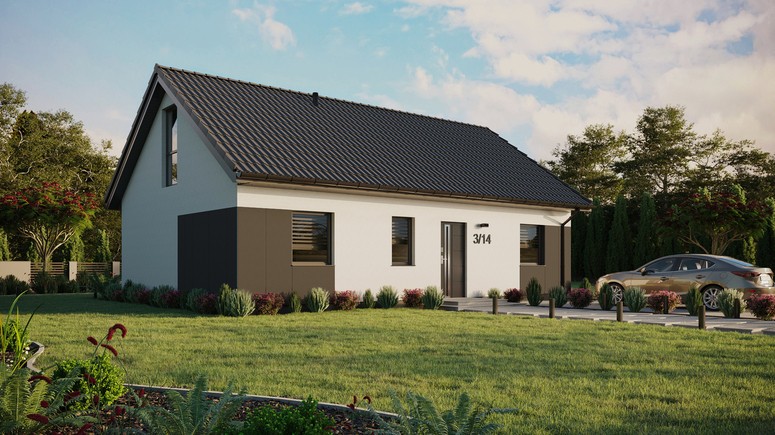 Projekt ERDOL 3 - Wersja prawa (salon po prawej stronie) - Dwuspadowy z poddaszem użytkowym – kąt nachylenia 35 stopni - Bez okien/świetlików dachowych - Okno balkonowe w jadalni i okna na poddaszu do podłogi - Styropian, siatka i klej - Antracyt - Bez instalacji fotowoltaicznej