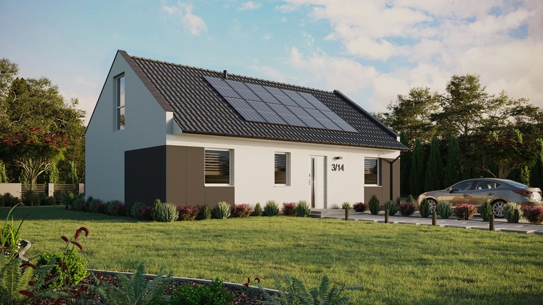 Projekt ERDOL 3 - Wersja prawa (salon po prawej stronie) - Dwuspadowy nowoczesny z poddaszem użytkowym – kąt nachylenia 35 stopni - Bez okien/świetlików dachowych - Okno balkonowe w jadalni i okna na poddaszu do podłogi - Styropian, siatka i klej - Biały - Instalacja fotowoltaiczna 4,8 kWp (12 paneli)