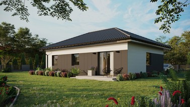 Projekt ERDOL 3 - Wersja lewa (salon po lewej stronie) - Czterospadowy bez poddasza użytkowego – kąt nachylenia 25 stopni - Bez okien/świetlików dachowych - Okna standardowe - Styropian, siatka i klej - Antracyt