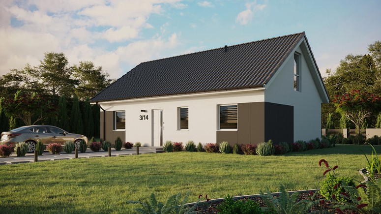 Projekt ERDOL 3 - Wersja lewa (salon po lewej stronie) - Dwuspadowy z poddaszem użytkowym – kąt nachylenia 35 stopni - Bez okien/świetlików dachowych - Okno balkonowe w jadalni i okna na poddaszu do podłogi - Styropian, siatka i klej - Biały - Bez instalacji fotowoltaicznej