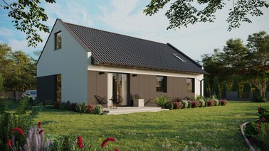 Projekt ERDOL 3 - Wersja prawa (salon po prawej stronie) - Dwuspadowy nowoczesny z poddaszem użytkowym – kąt nachylenia 35 stopni - Okno dachowe pokojowe i łazienkowe - Okno balkonowe w jadalni - Styropian, siatka i klej - Antracyt - Bez instalacji fotowoltaicznej