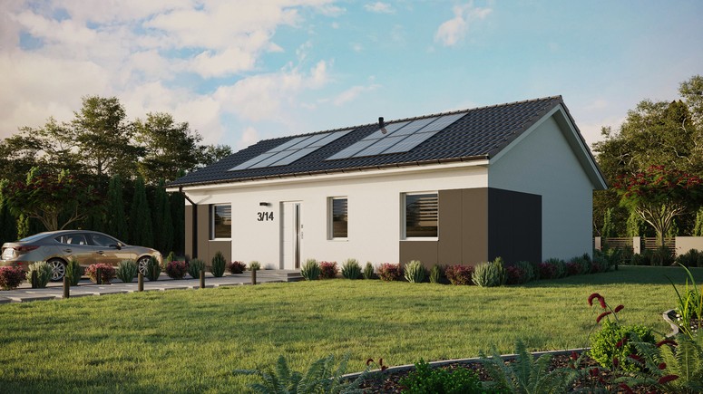 Projekt ERDOL 3 - Wersja lewa (salon po lewej stronie) - Dwuspadowy bez poddasza użytkowego – kąt nachylenia 25 stopni - Bez okien/świetlików dachowych - Okna standardowe - Styropian, siatka i klej - Biały - Instalacja fotowoltaiczna 4,8 kWp (12 paneli)