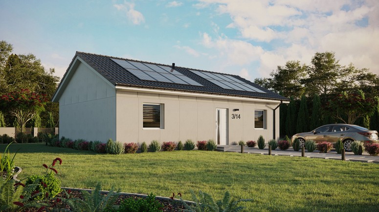 Projekt ERDOL 2 XL - Wersja prawa (salon po prawej stronie) - Dwuspadowy bez poddasza użytkowego – kąt nachylenia 25 stopni - Bez okien/świetlików dachowych - Okna standardowe - Bez styropianu, siatki i kleju - Biały - Instalacja fotowoltaiczna 6,4 kWp (16 paneli)