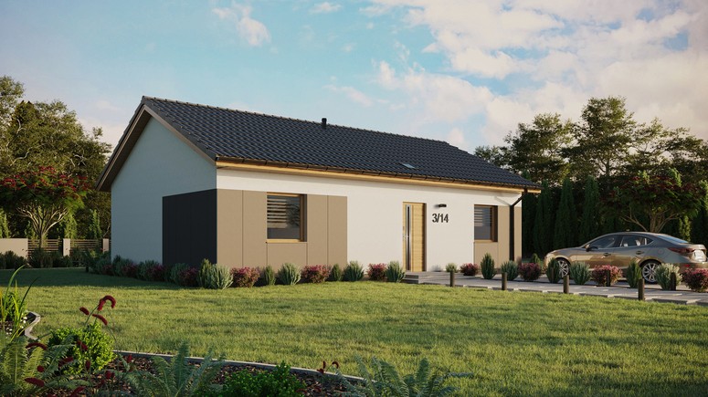 Projekt ERDOL 2 XL - Wersja prawa (salon po prawej stronie) - Dwuspadowy bez poddasza użytkowego – kąt nachylenia 25 stopni - Świetlik dachowy - Okno balkonowe w jadalni - Styropian, siatka i klej - Winchester - Bez instalacji fotowoltaicznej