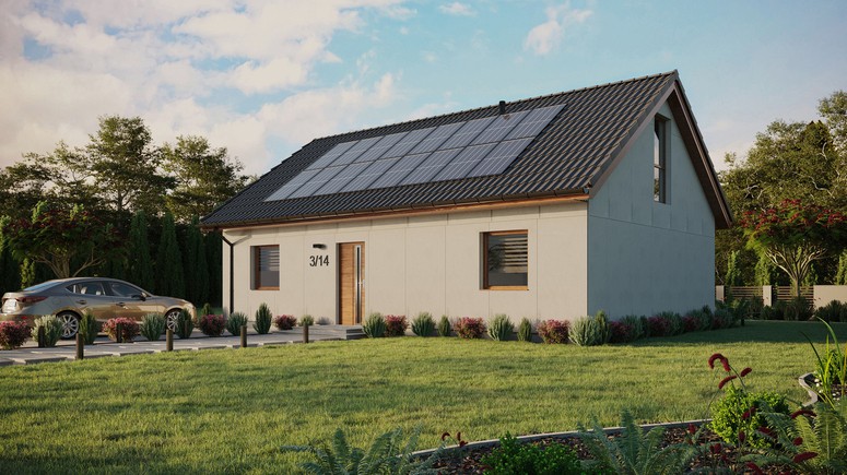 Projekt ERDOL 2 XL - Wersja lewa (salon po lewej stronie) - Dwuspadowy z poddaszem użytkowym – kąt nachylenia 35 stopni - Bez okien/świetlików dachowych - Okna na poddaszu do podłogi - Bez styropianu, siatki i kleju - Złoty dąb - Instalacja fotowoltaiczna 6,4 kWp (16 paneli)