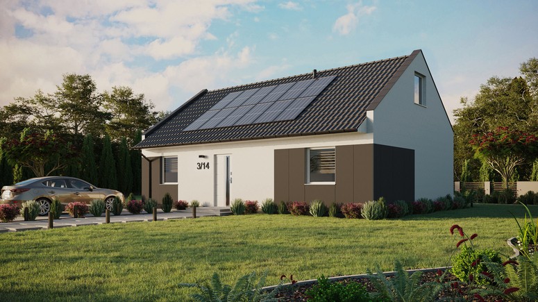 Projekt ERDOL 2 XL - Wersja lewa (salon po lewej stronie) - Dwuspadowy nowoczesny z poddaszem użytkowym – kąt nachylenia 35 stopni - Bez okien/świetlików dachowych - Okna standardowe - Styropian, siatka i klej - Biały - Instalacja fotowoltaiczna 4,8 kWp (12 paneli)