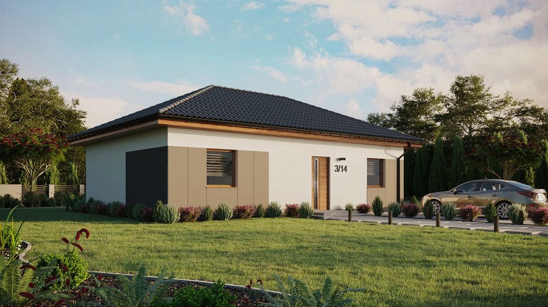 Projekt ERDOL 2 XL - Wersja prawa (salon po prawej stronie) - Czterospadowy bez poddasza użytkowego – kąt nachylenia 25 stopni - Bez okien/świetlików dachowych - Okna standardowe - Styropian, siatka i klej - Złoty dąb