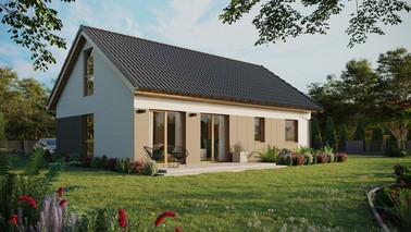 Projekt ERDOL 2 XL - Wersja prawa (salon po prawej stronie) - Dwuspadowy z poddaszem użytkowym – kąt nachylenia 35 stopni - Bez okien/świetlików dachowych - Okno balkonowe w jadalni i okna na poddaszu do podłogi - Styropian, siatka i klej - Winchester - Bez instalacji fotowoltaicznej