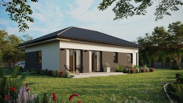 Projekt ERDOL 2 XL - Wersja prawa (salon po prawej stronie) - Czterospadowy bez poddasza użytkowego – kąt nachylenia 25 stopni - Bez okien/świetlików dachowych - Okna standardowe - Styropian, siatka i klej - Antracyt