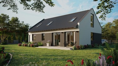 Projekt ERDOL 2 XL - Wersja lewa (salon po lewej stronie) - Dwuspadowy nowoczesny z poddaszem użytkowym – kąt nachylenia 35 stopni - Dwa okna dachowe pokojowe i okno dachowe łazienkowe - Okna na poddaszu do podłogi - Styropian, siatka i klej - Antracyt - Instalacja fotowoltaiczna 8,0 kWp (20 paneli)