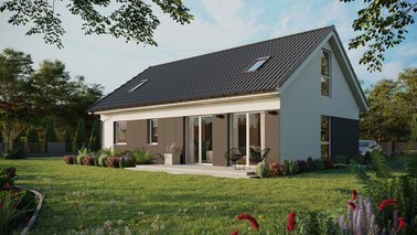 Projekt ERDOL 2 XL - Wersja lewa (salon po lewej stronie) - Dwuspadowy z poddaszem użytkowym – kąt nachylenia 35 stopni - Dwa okna dachowe pokojowe - Okno balkonowe w jadalni i okna na poddaszu do podłogi - Styropian, siatka i klej - Biały - Bez instalacji fotowoltaicznej