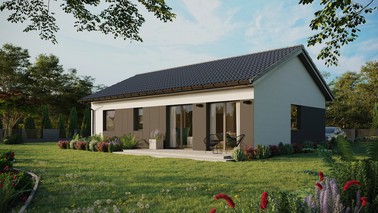 Projekt ERDOL 2 XL - Wersja lewa (salon po lewej stronie) - Dwuspadowy bez poddasza użytkowego – kąt nachylenia 25 stopni - Bez okien/świetlików dachowych - Okna standardowe - Styropian, siatka i klej - Antracyt - Bez instalacji fotowoltaicznej