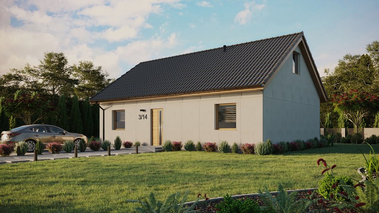 Projekt ERDOL 2 XL - Wersja lewa (salon po lewej stronie) - Dwuspadowy z poddaszem użytkowym – kąt nachylenia 35 stopni - Bez okien/świetlików dachowych - Okna standardowe - Bez styropianu, siatki i kleju - Winchester - Bez instalacji fotowoltaicznej