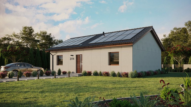 Projekt ERDOL 2 XL - Wersja lewa (salon po lewej stronie) - Dwuspadowy bez poddasza użytkowego – kąt nachylenia 25 stopni - Świetlik dachowy - Okna standardowe - Bez styropianu, siatki i kleju - Orzech - Instalacja fotowoltaiczna 8,0 kWp (20 paneli)