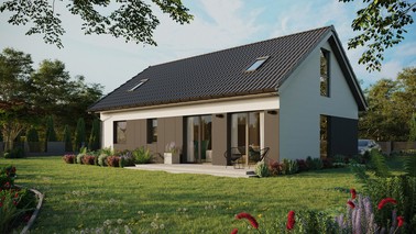 Projekt ERDOL 2 XL - Wersja lewa (salon po lewej stronie) - Dwuspadowy z poddaszem użytkowym – kąt nachylenia 35 stopni - Dwa okna dachowe pokojowe - Okno balkonowe w jadalni i okna na poddaszu do podłogi - Styropian, siatka i klej - Antracyt - Bez instalacji fotowoltaicznej