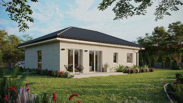 Projekt ERDOL 2 XL - Wersja prawa (salon po prawej stronie) - Czterospadowy bez poddasza użytkowego – kąt nachylenia 25 stopni - Bez okien/świetlików dachowych - Okno balkonowe w jadalni - Bez styropianu, siatki i kleju - Biały