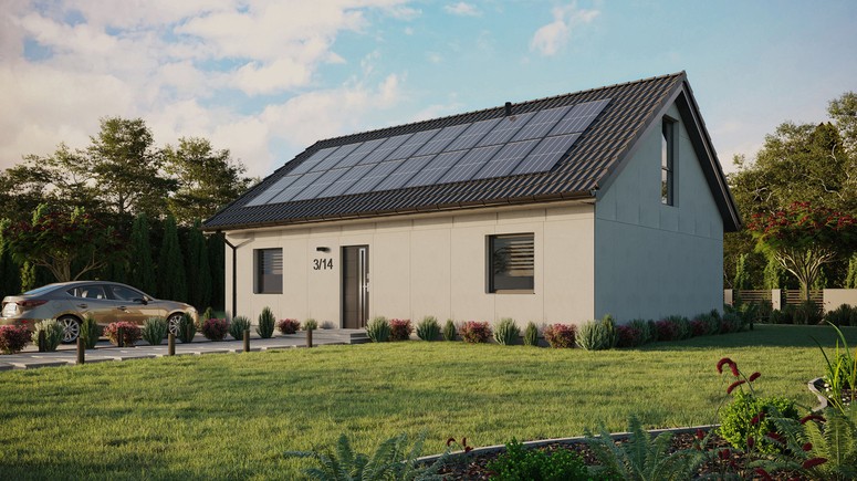 Projekt ERDOL 2 XL - Wersja lewa (salon po lewej stronie) - Dwuspadowy z poddaszem użytkowym – kąt nachylenia 35 stopni - Dwa okna dachowe pokojowe - Okno balkonowe w jadalni i okna na poddaszu do podłogi - Bez styropianu, siatki i kleju - Antracyt - Instalacja fotowoltaiczna 8,0 kWp (20 paneli)