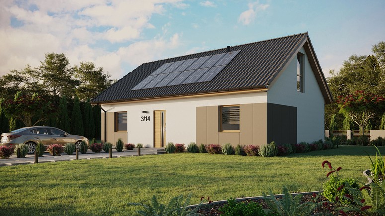 Projekt ERDOL 2 XL - Wersja lewa (salon po lewej stronie) - Dwuspadowy z poddaszem użytkowym – kąt nachylenia 35 stopni - Bez okien/świetlików dachowych - Okna na poddaszu do podłogi - Styropian, siatka i klej - Winchester - Instalacja fotowoltaiczna 4,8 kWp (12 paneli)