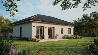 Projekt ERDOL 2 XL - Wersja prawa (salon po prawej stronie) - Czterospadowy bez poddasza użytkowego – kąt nachylenia 25 stopni - Świetlik dachowy - Okno balkonowe w jadalni - Bez styropianu, siatki i kleju - Orzech