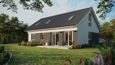 Projekt ERDOL 2 XL - Wersja lewa (salon po lewej stronie) - Dwuspadowy z poddaszem użytkowym – kąt nachylenia 35 stopni - Dwa okna dachowe pokojowe i okno dachowe łazienkowe - Okna na poddaszu do podłogi - Styropian, siatka i klej - Biały - Bez instalacji fotowoltaicznej