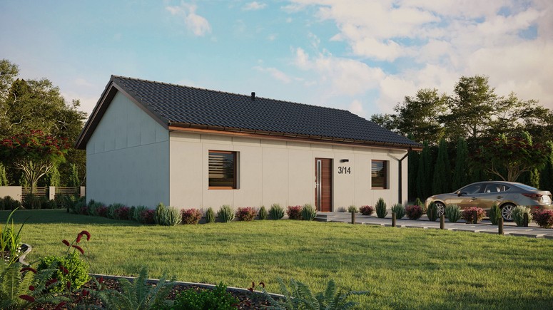 Projekt ERDOL 2 XL - Wersja prawa (salon po prawej stronie) - Dwuspadowy bez poddasza użytkowego – kąt nachylenia 25 stopni - Bez okien/świetlików dachowych - Okna standardowe - Bez styropianu, siatki i kleju - Orzech - Bez instalacji fotowoltaicznej