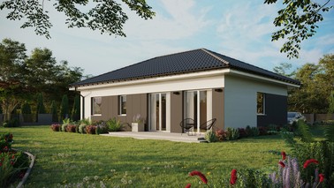 Projekt ERDOL 2 XL - Wersja lewa (salon po lewej stronie) - Czterospadowy bez poddasza użytkowego – kąt nachylenia 25 stopni - Bez okien/świetlików dachowych - Okna standardowe - Styropian, siatka i klej - Biały