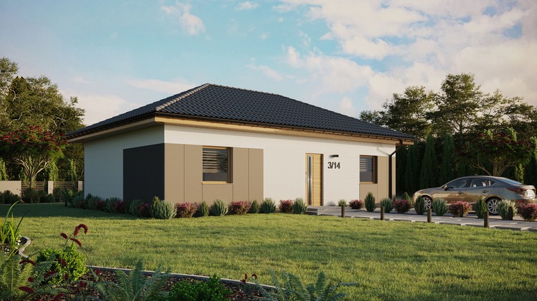 Projekt ERDOL 2 XL - Wersja prawa (salon po prawej stronie) - Czterospadowy bez poddasza użytkowego – kąt nachylenia 25 stopni - Bez okien/świetlików dachowych - Okna standardowe - Styropian, siatka i klej - Winchester