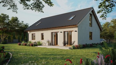 Projekt ERDOL 2 XL - Wersja lewa (salon po lewej stronie) - Dwuspadowy z poddaszem użytkowym – kąt nachylenia 35 stopni - Dwa okna dachowe pokojowe - Okna na poddaszu do podłogi - Bez styropianu, siatki i kleju - Złoty dąb - Instalacja fotowoltaiczna 6,4 kWp (16 paneli)