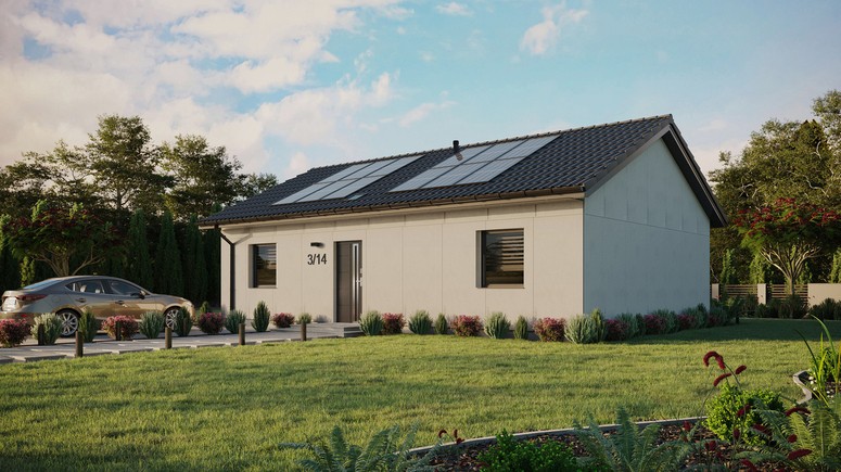 Projekt ERDOL 2 XL - Wersja lewa (salon po lewej stronie) - Dwuspadowy bez poddasza użytkowego – kąt nachylenia 25 stopni - Świetlik dachowy - Okno balkonowe w jadalni - Bez styropianu, siatki i kleju - Antracyt - Instalacja fotowoltaiczna 4,8 kWp (12 paneli)