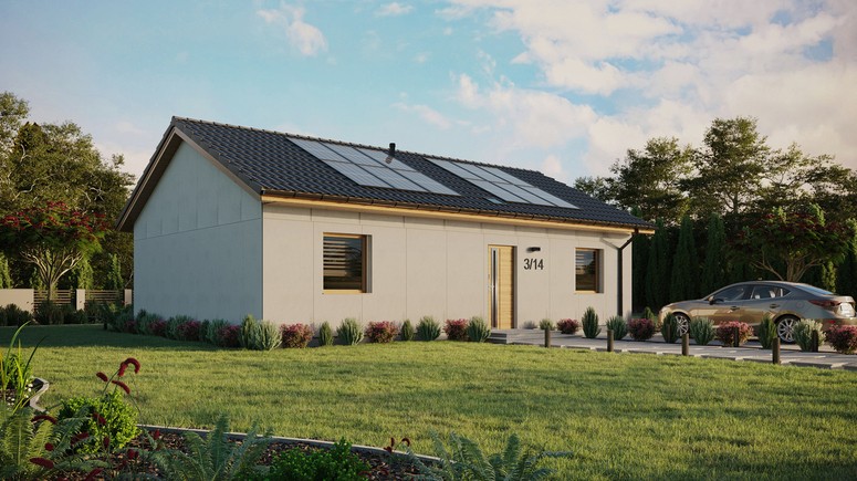 Projekt ERDOL 2 XL - Wersja prawa (salon po prawej stronie) - Dwuspadowy bez poddasza użytkowego – kąt nachylenia 25 stopni - Świetlik dachowy - Okna standardowe - Bez styropianu, siatki i kleju - Winchester - Instalacja fotowoltaiczna 4,8 kWp (12 paneli)