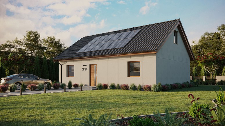 Projekt ERDOL 2 XL - Wersja lewa (salon po lewej stronie) - Dwuspadowy z poddaszem użytkowym – kąt nachylenia 35 stopni - Dwa okna dachowe pokojowe - Okna standardowe - Bez styropianu, siatki i kleju - Złoty dąb - Instalacja fotowoltaiczna 4,8 kWp (12 paneli)