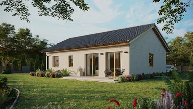 Projekt ERDOL 2 XL - Wersja lewa (salon po lewej stronie) - Dwuspadowy bez poddasza użytkowego – kąt nachylenia 25 stopni - Bez okien/świetlików dachowych - Okna standardowe - Bez styropianu, siatki i kleju - Winchester - Bez instalacji fotowoltaicznej