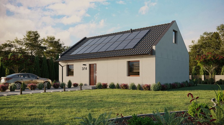 Projekt ERDOL 2 XL - Wersja lewa (salon po lewej stronie) - Dwuspadowy nowoczesny z poddaszem użytkowym – kąt nachylenia 35 stopni - Dwa okna dachowe pokojowe i okno dachowe łazienkowe - Okna standardowe - Bez styropianu, siatki i kleju - Orzech - Instalacja fotowoltaiczna 6,4 kWp (16 paneli)