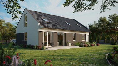 Projekt ERDOL 2 XL - Wersja prawa (salon po prawej stronie) - Dwuspadowy nowoczesny z poddaszem użytkowym – kąt nachylenia 35 stopni - Dwa okna dachowe pokojowe i okno dachowe łazienkowe - Okna na poddaszu do podłogi - Styropian, siatka i klej - Biały - Bez instalacji fotowoltaicznej