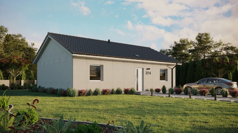 Projekt ERDOL 2 XL - Wersja prawa (salon po prawej stronie) - Dwuspadowy bez poddasza użytkowego – kąt nachylenia 25 stopni - Świetlik dachowy - Okno balkonowe w jadalni - Bez styropianu, siatki i kleju - Biały - Bez instalacji fotowoltaicznej