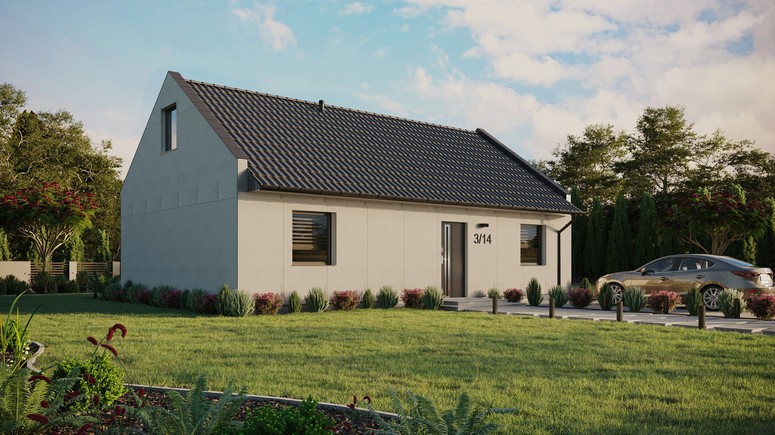 Projekt ERDOL 2 XL - Wersja prawa (salon po prawej stronie) - Dwuspadowy nowoczesny z poddaszem użytkowym – kąt nachylenia 35 stopni - Bez okien/świetlików dachowych - Okna standardowe - Bez styropianu, siatki i kleju - Antracyt - Bez instalacji fotowoltaicznej