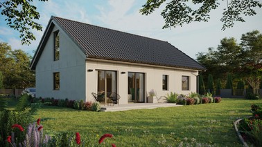 Projekt ERDOL 2 XL - Wersja prawa (salon po prawej stronie) - Dwuspadowy z poddaszem użytkowym – kąt nachylenia 35 stopni - Bez okien/świetlików dachowych - Okna na poddaszu do podłogi - Bez styropianu, siatki i kleju - Antracyt - Instalacja fotowoltaiczna 4,8 kWp (12 paneli)