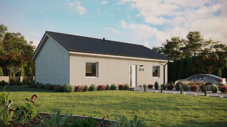 Projekt ERDOL 2 XL - Wersja prawa (salon po prawej stronie) - Dwuspadowy bez poddasza użytkowego – kąt nachylenia 25 stopni - Bez okien/świetlików dachowych - Okna standardowe - Bez styropianu, siatki i kleju - Biały - Bez instalacji fotowoltaicznej