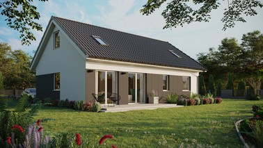 Projekt ERDOL 2 XL - Wersja prawa (salon po prawej stronie) - Dwuspadowy z poddaszem użytkowym – kąt nachylenia 35 stopni - Dwa okna dachowe pokojowe - Okna standardowe - Styropian, siatka i klej - Biały - Bez instalacji fotowoltaicznej