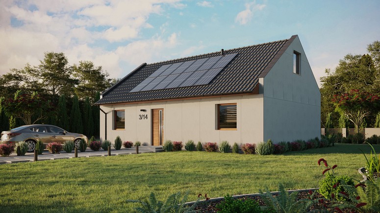 Projekt ERDOL 2 XL - Wersja lewa (salon po lewej stronie) - Dwuspadowy nowoczesny z poddaszem użytkowym – kąt nachylenia 35 stopni - Dwa okna dachowe pokojowe - Okna standardowe - Bez styropianu, siatki i kleju - Złoty dąb - Instalacja fotowoltaiczna 4,8 kWp (12 paneli)